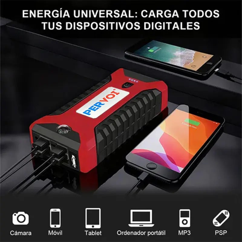 Arrancador de Baterías PERVOI | Energía de Respaldo Multifuncional para Auto, Router y Celular